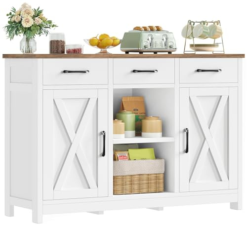 TEENFON Aparadores para Salon con 3 Cajones, Aparador Cocina con Estantes Ajustables, Armario Cocin con Trabajo para Pasillo, Cocina, Comedor, Dormitorio y Baño - 90 x 30 x 80 cm - Blanco