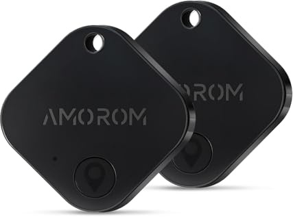 AMOROM Air Tags-2 Pack Tracker Tag Compatibile con iOS e Android, Trova Telefono, Suono Forte, Batteria Sostituibile, per Chiavi, Portafoglio, Zaino