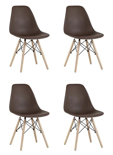 Minimal DECO Pack de 4 Sillas de Comedor Modernas Marrón Chocolate con Patas de Haya Maciza y Estructura Metálica – Sillas Nórdicas para Cocina y Salón 53x47x83 cm
