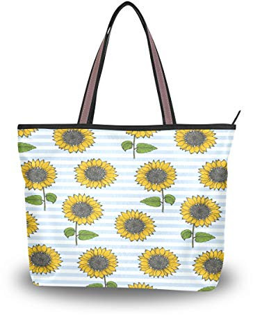 BKEOY große Damen-Handtasche, Schultertasche, Laptoptasche, schöne Sonnenblumen, blau gestreift, Reißverschluss, Shopper, Organizer, Gepäck, Mehrfarbig - multi - Größe: Large
