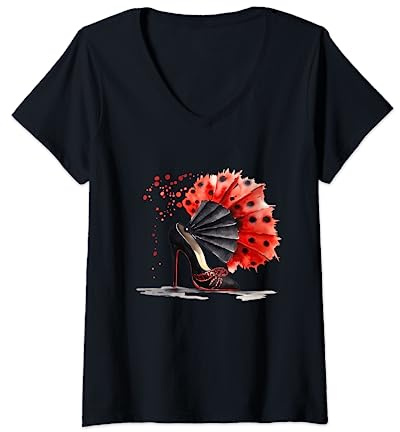Womens Flamenco Shoes High Heel Pumps black Hand Fan Red Polka Dots V-Neck T-Shirt