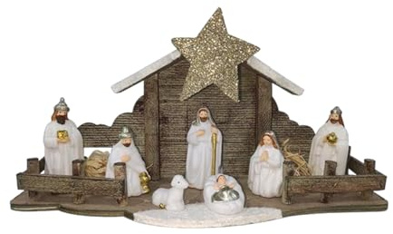 Generico Capanna Natività Bianca Regalo statuine con LUCI LED miniature in Ceramica 7 personaggi Presepe per Bambini in miniatura COLORI TENUI ORO Giuseppe Maria Gesù Sacra Famiglia 33x10x15cm