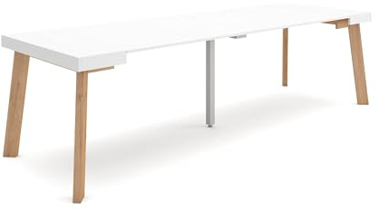 Skraut Home | Table Console Extensible | Console Meuble | 260 | pour 12 Personnes | Pieds en Bois | Style Moderne | Blanc