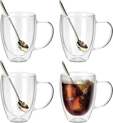 Recamania Set de 4 Vasos Térmicos de doble pared de 350 ml con asa – Vidrio aislante resistente al calor