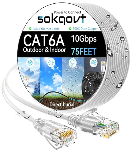 Cavo Ethernet Cat6a Slim 22,9 m per esterni, 28 AWG, in puro rame Cat6, per sepoltura impermeabile e diretta, cavo Ethernet flessibile Cat6 10G 550 MHz, cavo di rete Cat 6 per interni, colore bianco