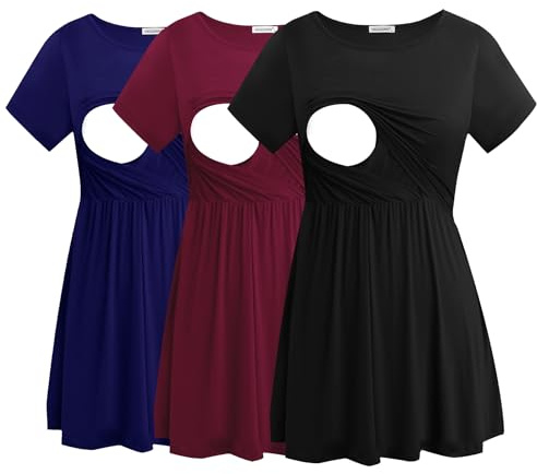 Smallshow Women's Maternity Nursing Tops Short Sleeve Breastfeeding Clothes 3 Pack,Black-Navy-Maroon,L