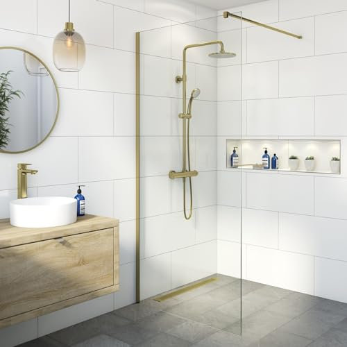 BAYSTONE® 700mm Wet Room Shower Screen Panel 8mm Toughened Safety Easy Clean Glass Walk in Shower Enclosure, Frameless, Brushed Brass