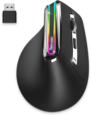 NEWWAY - 2024 Neu - Vertikale kabellose Maus A9 - WiFi 2.4 GHz Wireless USB C - Wiederaufladbar - RGB - 2400 DPI - Ergonomisch - Leise - Integrierter Nano-Empfänger 10M - Schwarz
