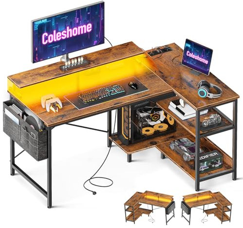 Coleshome Escritorio Gaming con LED, 120x80cm Escritorio Esquina con Estantes Reversibles, Mesa Gaming en L con Tomas de Corriente y USB Mesa de Juegos con Soporte Monitor Gamer Hogar Oficina, Marrón