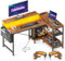 Coleshome Gaming Tisch L Form mit LED&Steckdosen, 120x80cm Eckschreibtisch mit Regal Reversibler Schreibtisch L Form mit Monitorständer Ecktisch für Büro Arbeitszimmer, Braun