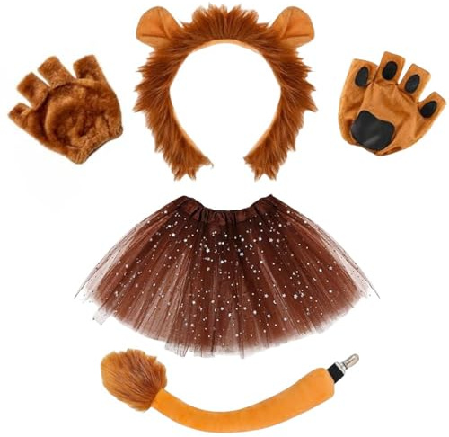 SDXCJY Set di 4 costumi da leone con orecchie da leone, guanti, coda e gonna tutù, perfetto per bambini e adulti, cosplay, Halloween, compleanno, carnevale, spettacoli teatrali (marrone)