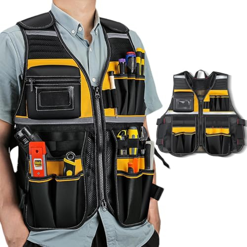 Gilet da lavoro, resistente, regolabile, con tasche multiple, comodo e leggero per operai edili, tecnici, meccanici, appaltatori, tuttofare, riparazioni domestiche