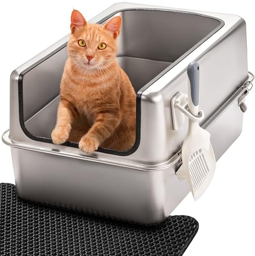 Arenero Acero Inoxidable Gatos – Caja de Arena para Gatos XXL – Capacidad de 38 L – Superficie Antiadherente – Sin olores y Antiadherente – Incluye Pala para Arena y Alfombrilla – 60 × 40 × 32 cm