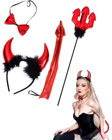 BNREOZA Set di corna da diavolo rosse da donna in 3 pezzi, vestirsi da attraenti corna da diavolo per Halloween, Mardi Gras e Cosplay Masquerade (rosso)