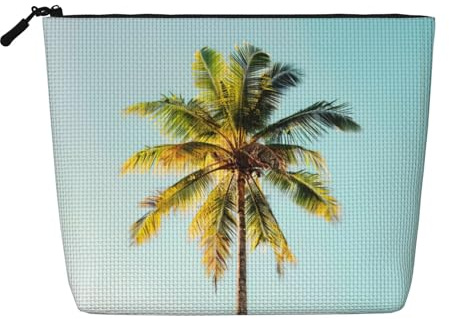 Palm Tree Print Fake Hemp Makeup Bag,Makeup Bag,Travel Bag Pouch,Toiletry Bag with Zipper