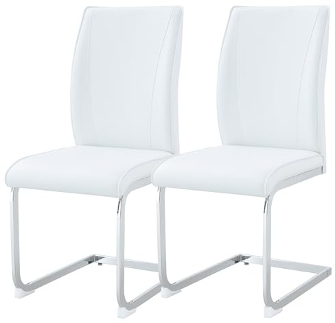 SEEDWAVE Freischwinger 2er Set Esszimmerstühle PU Küchenstuhl mit Geschwungener Rücklehne, Polsterstuhl inkl. Metallbasis mit Anti-Rutsch-Pads (Weiß)