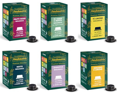 Sandemetrio 96 Capsule (6 box a scelta) Compatibili Con Lavazza A Modo Mio: Frutti Di Bosco, Te Al Limone,Tisana Digestiva,Tisana Notte, Te Verde alla Menta, Zenzero e Limone