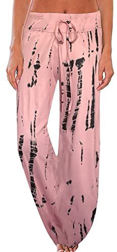 NEWCOSPLAY Women's Comfy Pajama Drawstring Wide Leg Pants, Tie Dye-Pink,3XL