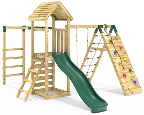 Rebo® Children's Wooden Climbing Frame with Swings, Slide, Up and Over Climbing wall and Monkey Bars - Carpathian | OutdoorToys | Sturdy Wooden Construction, Pressure Treated Timber