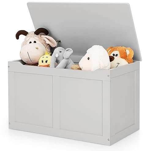 Costzon Kids Wooden Toy Box, Children Storage Chest & Bench with Flip Top Lid, Hinges, Wooden Toy Chest Storage Organizer Large Trunk for Kids Room Playroom Nursery (Grey)