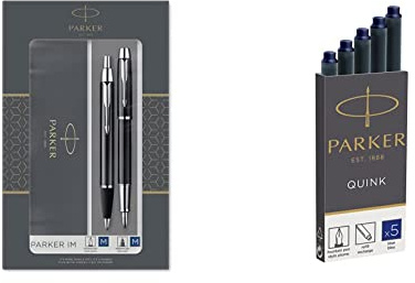 Parker,2093215,IM AA8Duo-Geschenkset mitKugelschreiber & Füller| hochglänzend schwarz| Nachfüllen schwarz & 1950384 Quink Nachfüllpatronen für Füllfederhalter, lange Patronen, 5er Packung, blaue tinte