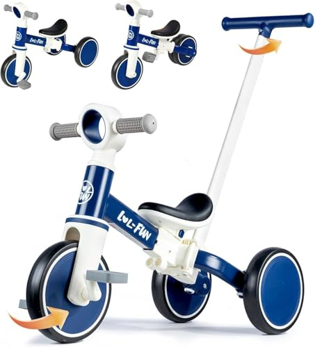 LOL-FUN Kids Tricycle with Removable Pedals, 5-in-1 Toddler Balance Bike with Parent Steering Push Handle, Baby Trike for Boys Girls Present Age 10 Month+