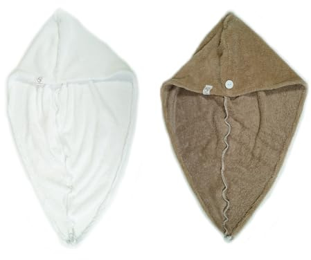 Serviette cheveux micro-éponge bambou x2 - Absorbante et douce - Séchage rapide - Turban cheveux à fixation par bouton - Fabrication française (Blanc Cappuccino)