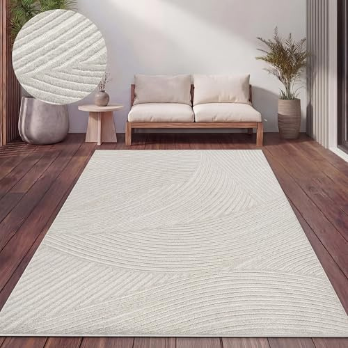 Paco Home Teppich Outdoor Wetterfest, Moderne abstrakte Boho Designs mit 3D Struktur, Pflegeleicht, ideal für Terrasse Wohnzimmer & Küche, Farbe:Creme 5, Größe:120x160 cm