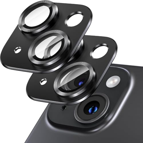 Giftorld [2 Pack Camera Lens Protector for iPhone 15/15 Plus,9H Tempered Glass,Aviation Aluminum Plate Cover,Night Circle,HD Clarity,Case Friendly,Easy Installation-Black