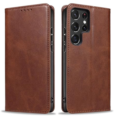 LBH Handyhülle Smartphone-Hülle für Samsung Galaxy S22 Ultra Klapphülle Magnetverschluss Kartenfächer Geldfach Standfunktion Case Etui Rundumschutz Schutzhülle Dunkelbraun