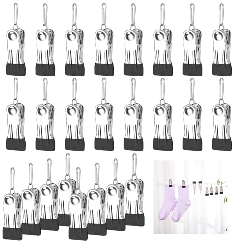 24 Pack Clothes Pegs For Washing Line, Strong Pegs with Hooks Windproof Laundry Pegs Non-Slip Clothes Pins, Stainless Steel Storm Pegs for Indoor Outdoor