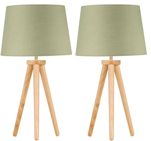 Set of 2 Light Oak Table Lamp or Bedside Lights with Sage Green Shades