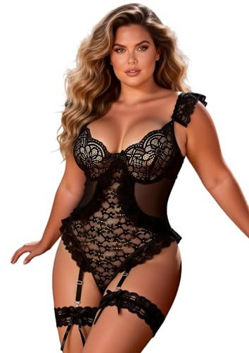 comeondear Body Donna Pizzo con Reggicalze Bodysuit Maniche Corte Taglie Forti Lingerie Elegante Completino Intimi Babydoll Estivo Teddy Tuta Nero,L