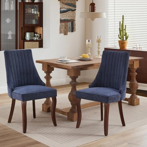 SoarFlash Ensemble de 2 chaises à Manger, à Dossier élevé avec Garniture Verticale, Pieds en Bois Massif incurvés, élégante Chaise tapissée pour la Salle à Manger, Bleu Marine