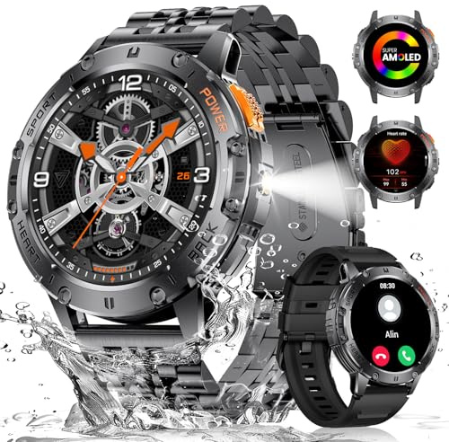 ESFOE Smartwatch Herren - 1,43‘’ AMOLED Display/Taschenlampe/530mAh Akku Fitnessuhr mit 120+ Sportmodi/5ATM Wasserdicht/Bluetooth-Anrufe,Blutdruck/Herzfrequenz/SpO2/Schlafmonitor Schwarz