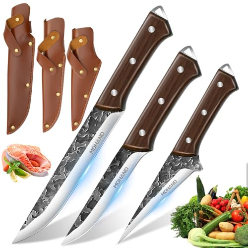 Set de 3 Couteaux à Désosser Professionnels, Acier inoxydable Couteau Boucher Grand, Multifonction Moyen, Éplucheur Petit avec Gaine en Cuir,Couteau de Boucher Professionnel pour Cuisine et Camping