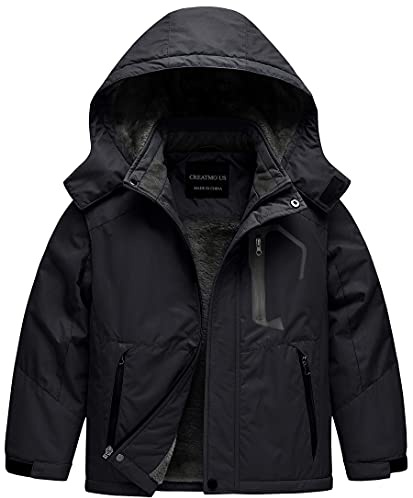 CREATMO US Boy's Warm Winter Jacket Kid's Waterproof Ski Coat Toddler Windproof Snow Parka Black 10/12