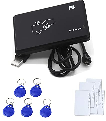 YAVIS RFID Lector de Tarjetas sin Contacto, USB Interfaz con 5pcs RFID Cards, 5pcs Llaveros RFID EM4100 125KHz EM Inteligentes Proximidad ID Card Reader para Control de Acceso