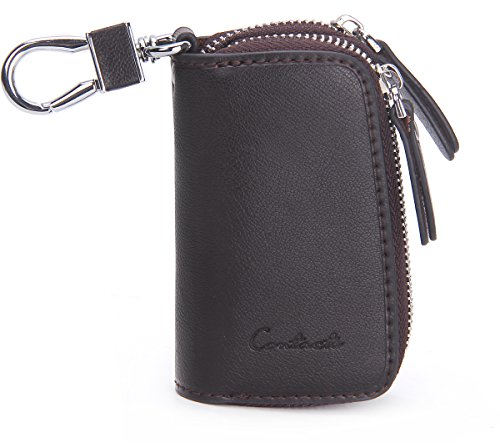 Contacts Portachiavi in pelle, unisex, grande, con 2 zip, in pelle, a portafoglio, per chiavi dell'auto, Caff, Taglia unica