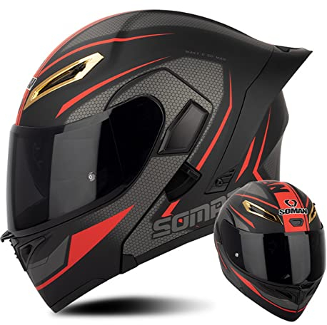 Casque Moto Double Visière Casque Moto Modulaire Adulte Casque de Moto Intégral Homologué ECE avec Pare-Soleil Noir/REVO, Casque Moto Modulable pour Femme et Homme - Noir Mat Rouge B,S