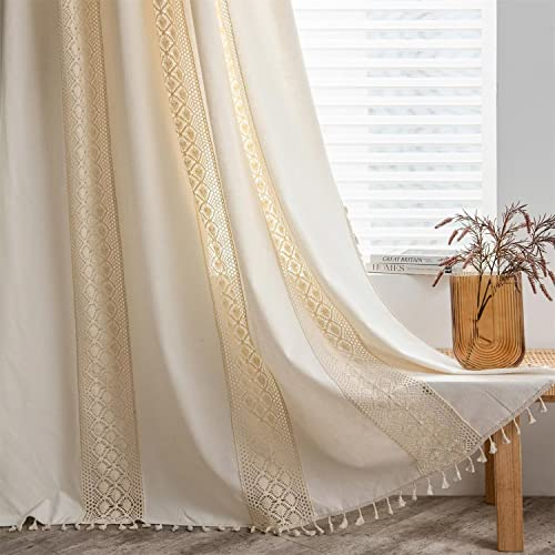 SAYT RLAE Vorhang Boho Blickdicht Vorhänge Beige Baumwolle Leinen Gardinen mit Quasten und Häkeln Stricken Vertikale Streifen Makramee für Wohnzimmer Landhaus Vintage Style, 1 Stück, B150xH240cm