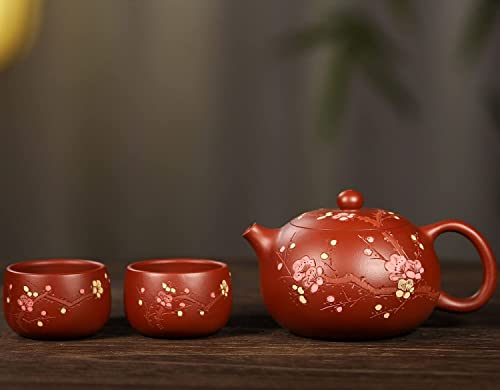 Zisha Teekannen-Set, Master Fine Handmade Ton-Teekanne 11,3 Unzen mit 2 Tassen - FlowerXishi, Red Beauty Zhuni
