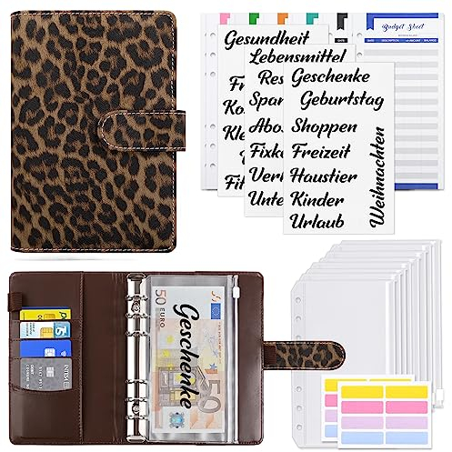 KONVINIT Budget Planner A6 Budget Binder,Budgetplaner mit Folien Deutsch,Ringbuch Finanzplaner mit Geldumschläge,Budgetsheets und Kategorien-Etiketten,Um Geld Sparen,Money organizer,leopard