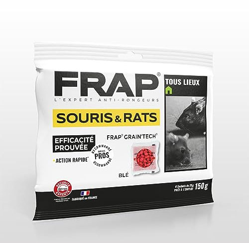 FRAP Grain’Tech - Appât Anti Rats & Souris - Sachets De Blé Raticide - Intérieur/Extérieur - Odeur Céréale - À Utiliser en Boîte Sécurisée - Efficacité Prouvée - 6x25g - 150g - Fabriqué en France