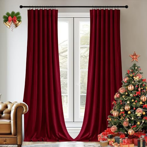 StangH Red Velvet Curtains with Back Tab & Hook Belt, Thermal Insulated Privacy Drapes, Christmas Home Decoration for Theater/Living Room, W52 x L84 inches, 2 Panels