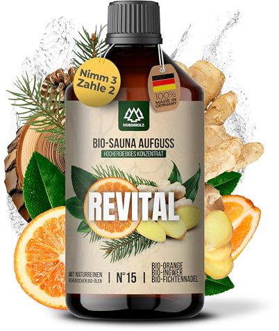 NORDHOLZ® Saunaaufguss BIO [NATURREINE ÄTHERISCHE BIO-ÖLE] Sauna Aufgussmittel #15 Revital 250ml Orange, Ingwer, Fichtennadel - Sauna Aufguss