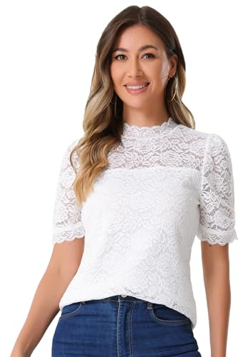 Allegra K Haut en Dentelle Florale Femmes Col Montant Manches Courtes Bouffantes Demi-Transparentes Chemisier Élégant T-Shirt Blanc XS