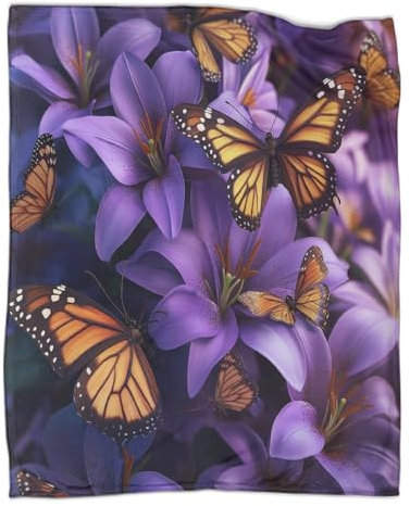 CTAMM Schmetterling Superweiche Decke | Lila Lilie Sofadecke | Flauschiger Und Bequemer Reisebezug,40x50inch(100x130cm)