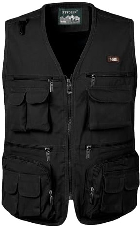 KTWOLEN Hombre Chaleco de Cazador Bolsillos Chaleco Sin Mangas Fotografia Trabajo Senderismo Chaleco de Pesca para Hombre Chaleco Táctico, Negro, L