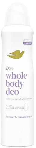 Deodorante Dove Spray Whole Body Deo 150ml, Deodorante per tutto il Corpo, Profumo di Lavanda e Camomilla, Protezione dagli odori fino a 72 ore, Dermatologicamente Testato, Formula Antimacchie